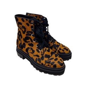 Schutz Maylova Animal Print Boots Lace Up Size 8 Leopard Print Block Heel